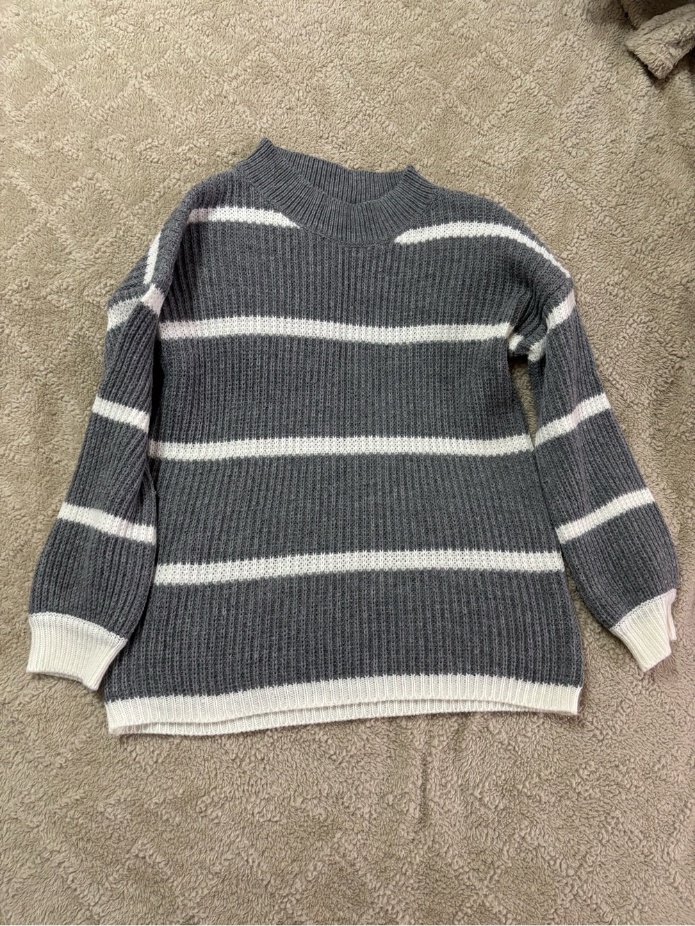 Gray and White Striped Ribbed Mock Turtleneck Sweater